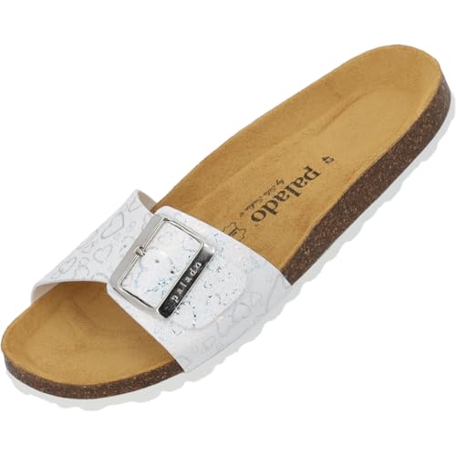 Palado Pantoletten Damen Malta EGS Love by Sila Sahin - modische Sandalen Made in Spain - bequeme Hausschuhe mit Kork-Fußbett - elegante Sommerschuhe Weiß UK7 - EU40 von Palado