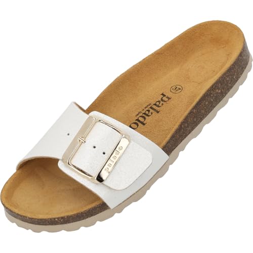 Palado Pantoletten Damen Malta EGS Magnolia - bequeme Sandalen Made in Spain - elegante Hausschuhe mit dämpfendem Kork-Fußbett - modische Sommerschuhe Weiß UK9 - EU42 von Palado