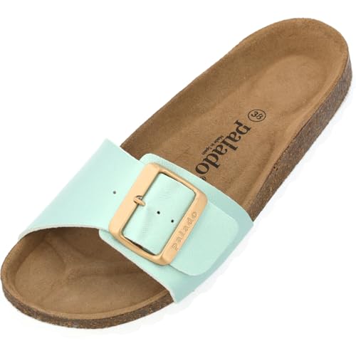 Palado Pantoletten Damen Malta EGS Metallic - bequeme Sandalen Made in Spain - Hausschuhe mit dämpfendem Kork-Fußbett - modische Sommerschuhe Mint UK3,5 - EU36 von Palado