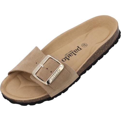 Palado Pantoletten Damen Malta EGS Mono Velours - modische Sandalen Made in Spain - elegante Hausschuhe mit Kork-Fußbett - bequeme Sommerschuhe Beige UK8 - EU41 von Palado