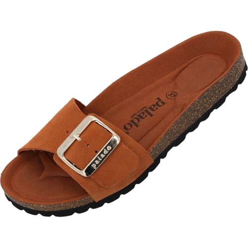 Palado Pantoletten Damen Malta EGS Mono Velours - modische Sandalen Made in Spain - elegante Hausschuhe mit Kork-Fußbett - bequeme Sommerschuhe Braun UK8 - EU41 von Palado