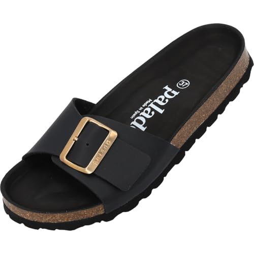 Palado Pantoletten Damen Malta EGS Mono - elegante Sandalen Made in Spain - bequeme Hausschuhe mit Kork-Fußbett - modische Sommerschuhe Schwarz UK7 - EU40 von Palado