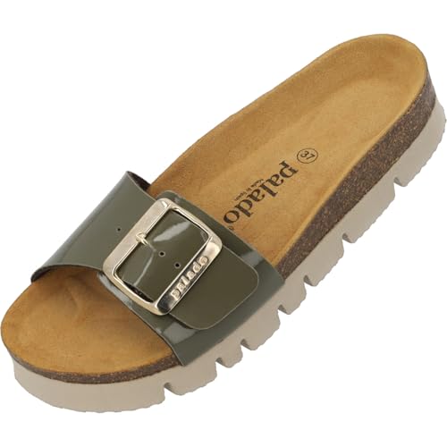 Palado Pantoletten Damen Malta EGS PL – Sandalen mit Plateau-Sohle Made in Spain - Hausschuhe mit Kork-Fußbett - modische Sommerschuhe Olive Lack UK7 - EU40 von Palado