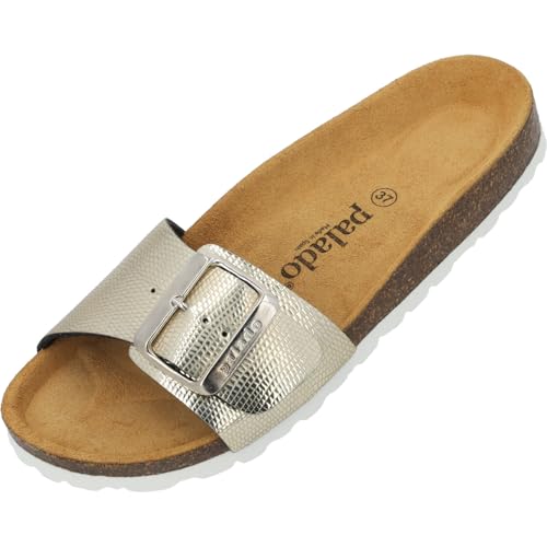 Palado Pantoletten Damen Malta EGS Titano - bequeme Sandalen Made in Spain - Hausschuhe mit dämpfendem Kork-Fußbett - modische Sommerschuhe Gold UK7 - EU40 von Palado