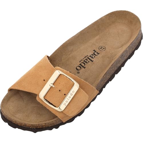 Palado Pantoletten Damen Malta EGS Velours Premium Leather - elegante Sandalen Made in Spain - Hausschuhe mit Kork-Fußbett - bequeme Sommerschuhe Hellbraun UK9 - EU42 von Palado