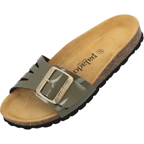 Palado Pantoletten Damen Malta EGS Vent – bequeme Sandalen Made in Spain - Hausschuhe mit dämpfendem Kork-Fußbett - elegante Sommerschuhe Olive Lack UK5,5 - EU38 von Palado