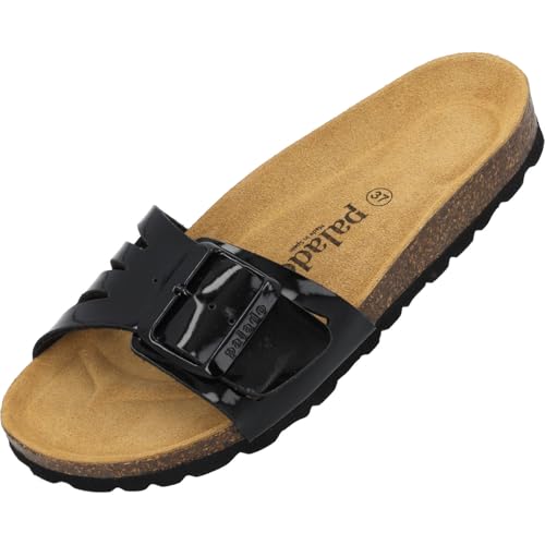 Palado Pantoletten Damen Malta EGS Vent – bequeme Sandalen Made in Spain - Hausschuhe mit dämpfendem Kork-Fußbett - elegante Sommerschuhe Schwarz Lack UK6 - EU39 von Palado