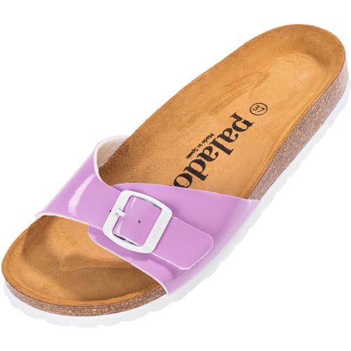 Palado Pantoletten Damen Malta Lack – gefertigt in Spanien – Glänzendes Obermaterial – EVA-Sohle – Veloursleder-Decksohle – Weichfußbett Flieder UK3,5 - EU36 von Palado