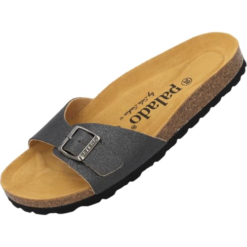 Palado Pantoletten Damen Malta Magnolia by Sila Sahin - elegante Sandalen Made in Spain - bequeme Hausschuhe mit Kork-Fußbett - modische Sommerschuhe Schwarz UK9 - EU42 von Palado
