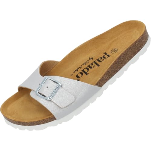 Palado Pantoletten Damen Malta Magnolia by Sila Sahin - elegante Sandalen Made in Spain - bequeme Hausschuhe mit Kork-Fußbett - modische Sommerschuhe Silber UK7 - EU40 von Palado