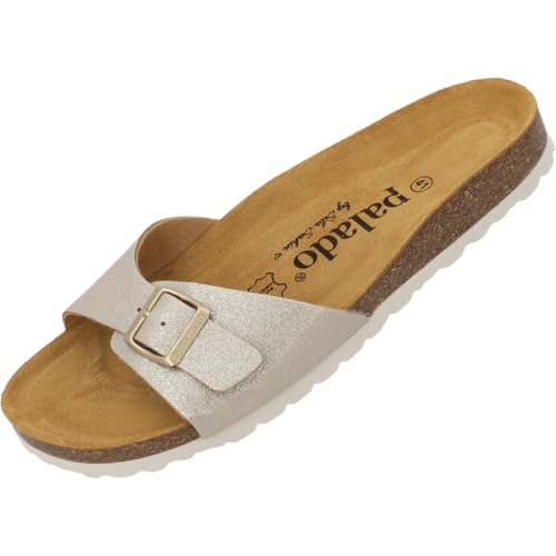 Palado Pantoletten Damen Malta Magnolia by Sila Sahin - elegante Sandalen Made in Spain - bequeme Hausschuhe mit Kork-Fußbett - modische Sommerschuhe Weißgold UK7 - EU40 Palado Pantoletten Damen Malta Magnolia by Sila Sahin - elegante Sandalen Made in Spain - bequeme Hausschuhe mit Kork-Fußbett - modische Sommerschuhe Weißgold UK7 - EU40 von Palado
