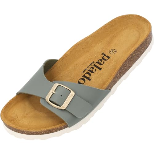 Palado Pantoletten Damen Malta Matt – gefertigt in Spanien – Veloursleder-Decksohle – matte Oberfläche – Weichfußbett für besten Komfort Olive UK9 - EU42 von Palado