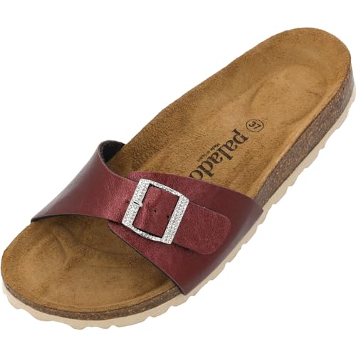 Palado Pantoletten Damen Malta Metallic SQS - elegante Sandalen Made in Spain - bequeme Hausschuhe mit Kork-Fußbett - modische Sommerschuhe Bordeaux UK9 - EU42 von Palado