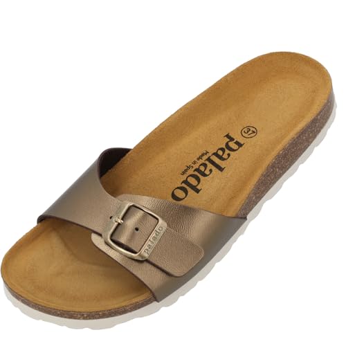 Palado Pantoletten Damen Malta Metallic – gefertigt in Spanien – weiche Veloursleder-Decksohle – robuste EVA-Sohle – edles Metallic-Design Bronze UK3,5 - EU36 von Palado