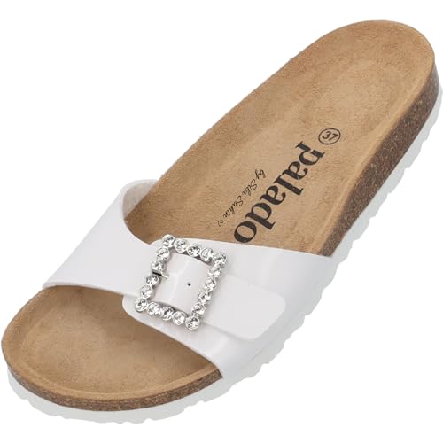 Palado Pantoletten Damen Malta SQ by Sila Sahin - elegante Sandalen Made in Spain - Hausschuhe mit Kork-Fußbett - modische Sommerschuhe Weiß UK9 - EU42 von Palado