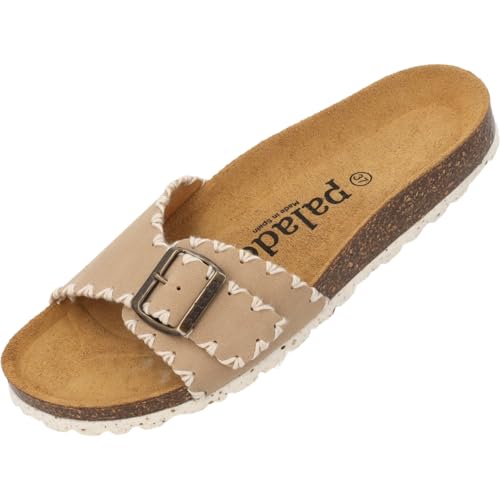 Palado Pantoletten Damen Malta Stitch - bequeme Sandalen Made in Spain - Hausschuhe mit dämpfendem Kork-Fußbett - modische Sommerschuhe Beige UK5,5 - EU38 von Palado