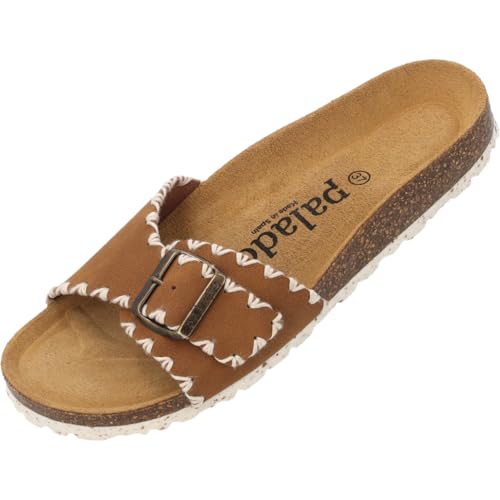 Palado Pantoletten Damen Malta Stitch - bequeme Sandalen Made in Spain - Hausschuhe mit dämpfendem Kork-Fußbett - modische Sommerschuhe Braun UK9 - EU42 von Palado
