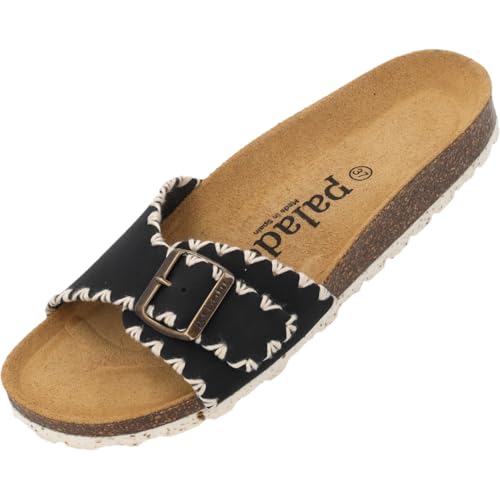 Palado Pantoletten Damen Malta Stitch - bequeme Sandalen Made in Spain - Hausschuhe mit dämpfendem Kork-Fußbett - modische Sommerschuhe Schwarz UK5,5 - EU38 von Palado