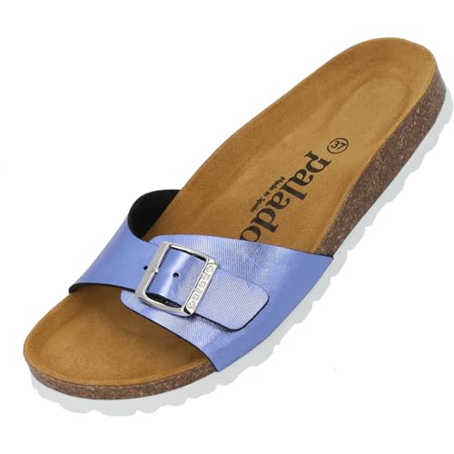 Palado Pantoletten Damen Malta Texas - modische Sandalen Made in Spain - bequeme Hausschuhe mit dämpfendem Kork-Fußbett - elegante Sommerschuhe Blau UK9 - EU42 von Palado