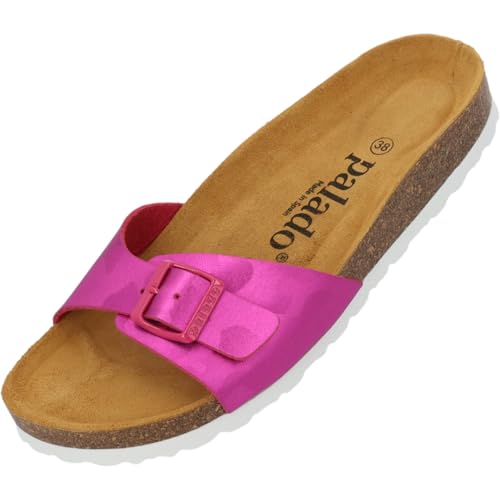 Palado Pantoletten Damen Malta Texas - modische Sandalen Made in Spain - bequeme Hausschuhe mit dämpfendem Kork-Fußbett - elegante Sommerschuhe Pink UK9 - EU42 von Palado