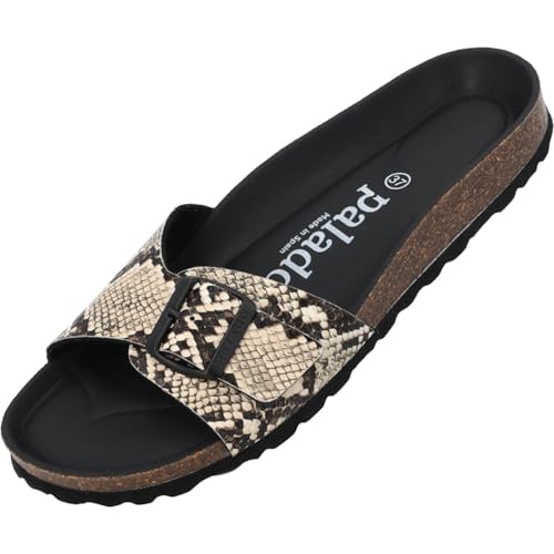 Palado Pantoletten Damen Malta Vipera – bequeme Sandalen Made in Spain - Hausschuhe mit dämpfendem Kork-Fußbett - modische Sommerschuhe Beige UK9,5 - EU43 von Palado