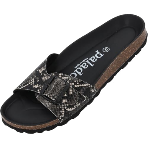 Palado Pantoletten Damen Malta Vipera – bequeme Sandalen Made in Spain - Hausschuhe mit dämpfendem Kork-Fußbett - modische Sommerschuhe Schwarz UK6 - EU39 von Palado