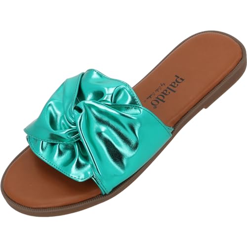 Palado Pantoletten Damen Namar by Sila Sahin - modische Sandalen - bequeme Hausschuhe - elegante Sommerschuhe - ideal für sommerliche Tage Grün Metallic UK6 - EU39 von Palado