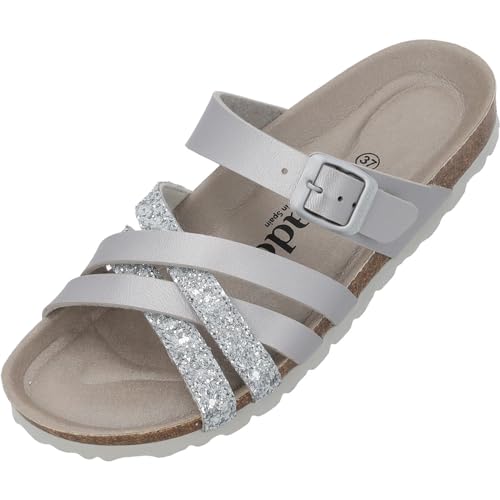 Palado Pantoletten Damen Novati - elegante Sandalen Made in Spain - bequeme Hausschuhe mit Kork-Fußbett - modische Sommerschuhe Silber UK3,5 - EU36 von Palado