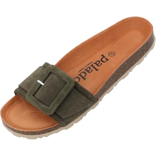 Palado Pantoletten Damen Nubra - bequeme Sandalen Made in Spain - Hausschuhe mit dämpfendem Kork-Fußbett - modische Sommerschuhe Khaki UK7 - EU40 von Palado