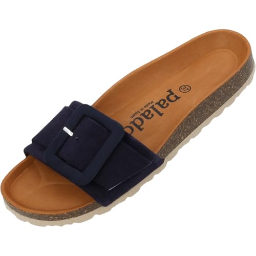 Palado Pantoletten Damen Nubra - bequeme Sandalen Made in Spain - Hausschuhe mit dämpfendem Kork-Fußbett - modische Sommerschuhe Navy UK9 - EU42 von Palado