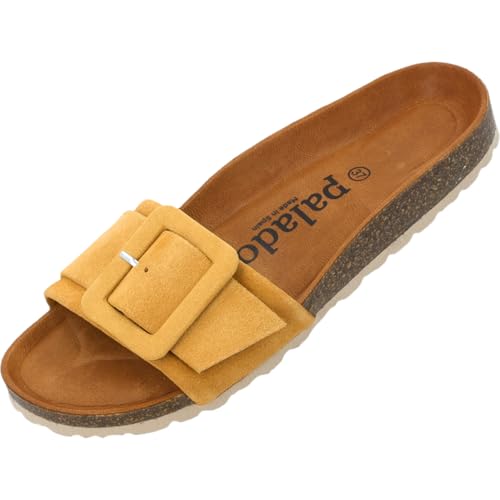 Palado Pantoletten Damen Nubra - bequeme Sandalen Made in Spain - Hausschuhe mit dämpfendem Kork-Fußbett - modische Sommerschuhe Gelb UK8 - EU41 von Palado