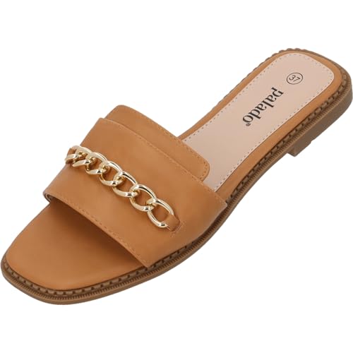 Palado Pantoletten Damen Pekiz - bequeme Sandalen - elegante Hausschuhe - modische Sommerschuhe mit Kettendetail Braun UK4,5 - EU37 von Palado