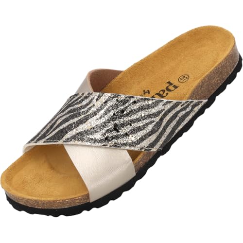 Palado Pantoletten Damen Rianel Wild by Sila Sahin - elegante Sandalen Made in Spain - bequeme Hausschuhe mit Kork-Fußbett - modische Sommerschuhe Taupe Zebra UK8 - EU41 von Palado