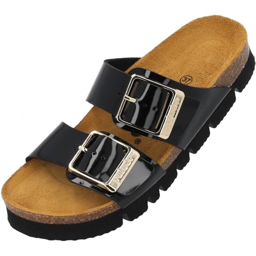 Palado Pantoletten Damen Samos EGS PL - bequeme Sandalen Made in Spain - Hausschuhe mit Plateau-Sohle - modische Sommerschuhe Schwarz Lack UK3,5 - EU36 von Palado