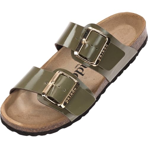 Palado Pantoletten Damen Samos EGS - bequeme Sandalen Made in Spain - Hausschuhe mit dämpfendem Kork-Fußbett - modische Sommerschuhe Khaki Lack UK9 - EU42 von Palado