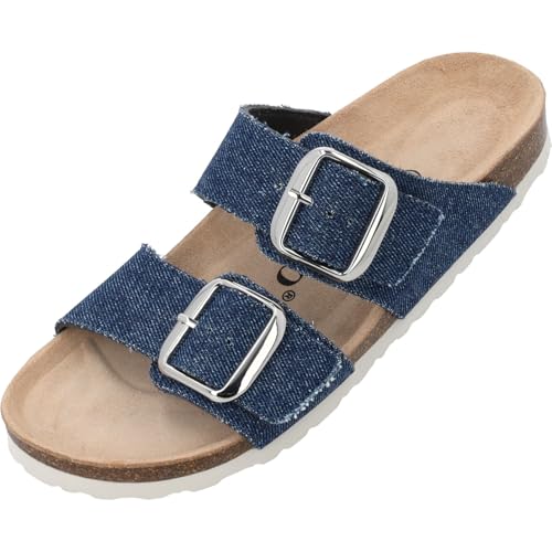 Palado Pantoletten Damen Samos GS Jeans – elegante Sandalen Made in Spain - bequeme Hausschuhe mit Kork-Fußbett - modische Sommerschuhe Dunkelblau UK4,5 - EU37 von Palado