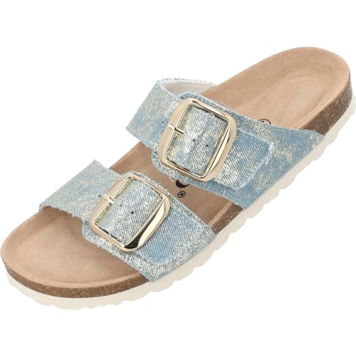 Palado Pantoletten Damen Samos GS Jeans – elegante Sandalen Made in Spain - bequeme Hausschuhe mit Kork-Fußbett - modische Sommerschuhe Hellblau/Gold UK6 - EU39 von Palado