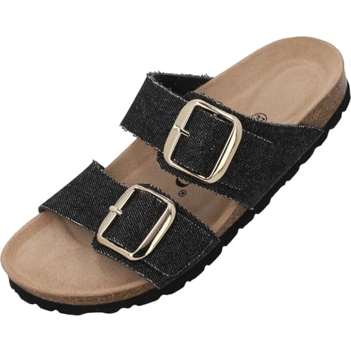 Palado Pantoletten Damen Samos GS Jeans – elegante Sandalen Made in Spain - bequeme Hausschuhe mit Kork-Fußbett - modische Sommerschuhe Schwarz UK6 - EU39 von Palado