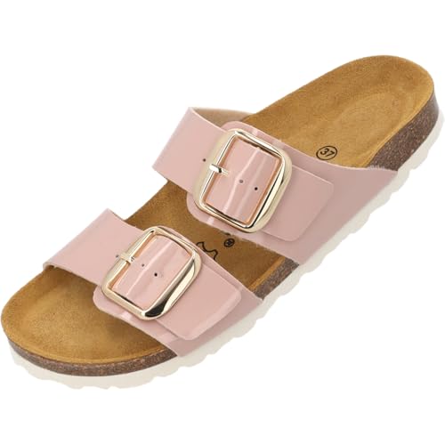 Palado Pantoletten Damen Samos GS - bequeme Sandalen Made in Spain - Hausschuhe mit dämpfendem Kork-Fußbett - modische Sommerschuhe Rosa Lack UK4,5 - EU37 von Palado