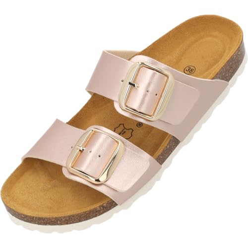 Palado Pantoletten Damen Samos GS - bequeme Sandalen Made in Spain - Hausschuhe mit dämpfendem Kork-Fußbett - modische Sommerschuhe Rose Metallic UK3,5 - EU36 von Palado
