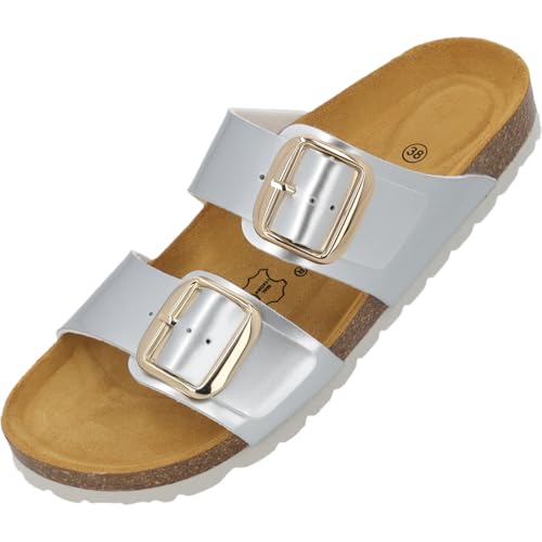 Palado Pantoletten Damen Samos GS - bequeme Sandalen Made in Spain - Hausschuhe mit dämpfendem Kork-Fußbett - modische Sommerschuhe Silber Lack UK3,5 - EU36 von Palado