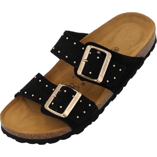 Palado Pantoletten Damen Samos Glint by Sila Sahin - bequeme Sandalen Made in Spain - Hausschuhe mit Kork-Fußbett - modische Sommerschuhe Schwarz UK3,5 - EU36 von Palado