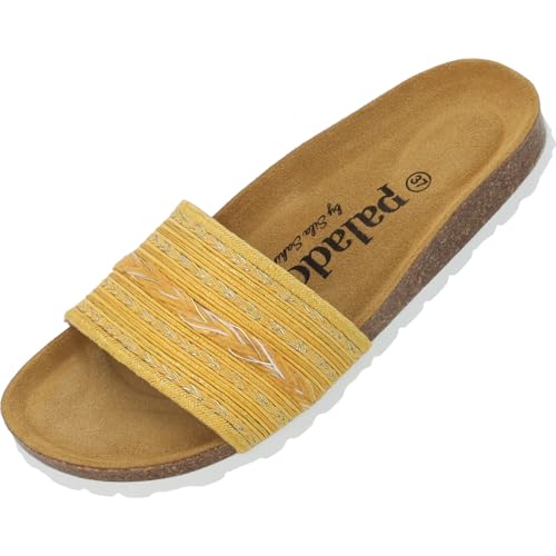 Palado Pantoletten Damen Solista by Sila Sahin - modische Sandalen Made in Spain - bequeme Hausschuhe mit Kork-Fußbett - elegante Sommerschuhe Gelb/Gold UK5,5 - EU38 von Palado