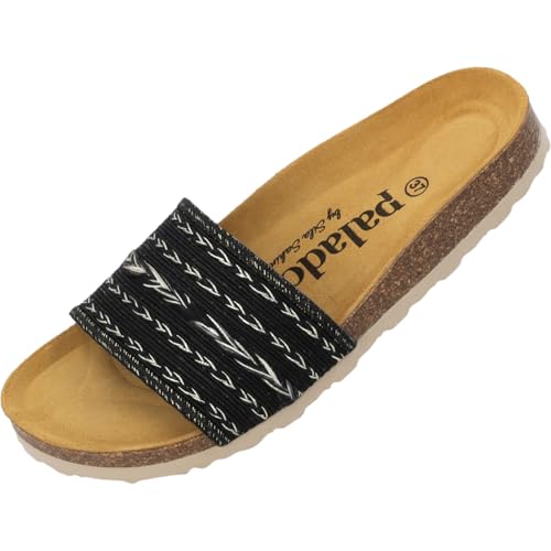 Palado Pantoletten Damen Solista by Sila Sahin - modische Sandalen Made in Spain - bequeme Hausschuhe mit Kork-Fußbett - elegante Sommerschuhe Schwarz/Gold UK7 - EU40 von Palado