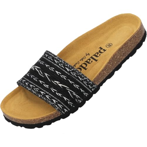 Palado Pantoletten Damen Solista by Sila Sahin - modische Sandalen Made in Spain - bequeme Hausschuhe mit Kork-Fußbett - elegante Sommerschuhe Schwarz/Silber UK9,5 - EU43 Palado Pantoletten Damen Solista by Sila Sahin - modische Sandalen Made in Spain - bequeme Hausschuhe mit Kork-Fußbett - elegante Sommerschuhe Schwarz/Silber UK9,5 - EU43 von Palado