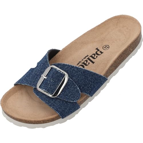 Palado Pantoletten Damen Tinos Jeans – elegante Sandalen Made in Spain - bequeme Hausschuhe mit Kork-Fußbett - modische Sommerschuhe Dunkelblau UK6 - EU39 von Palado