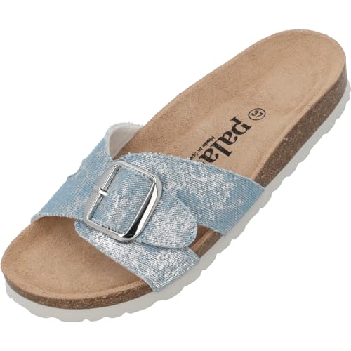 Palado Pantoletten Damen Tinos Jeans – elegante Sandalen Made in Spain - bequeme Hausschuhe mit Kork-Fußbett - modische Sommerschuhe Hellblau/Silber UK6 - EU39 von Palado