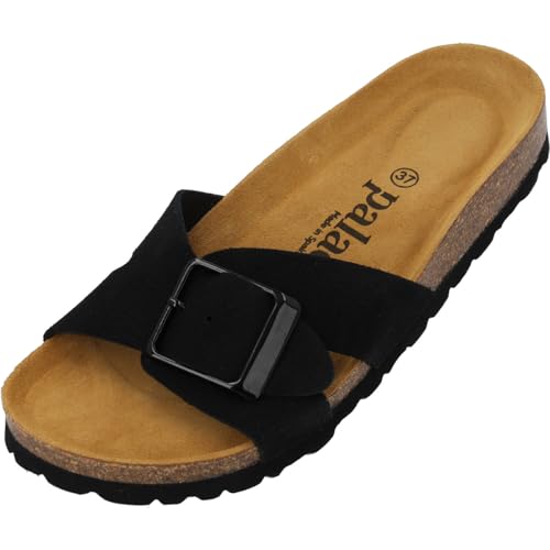Palado Pantoletten Damen Tinos Premium Leather - elegante Sandalen Made in Spain - bequeme Hausschuhe mit Kork-Fußbett - modische Sommerschuhe Schwarz UK5,5 - EU38 von Palado