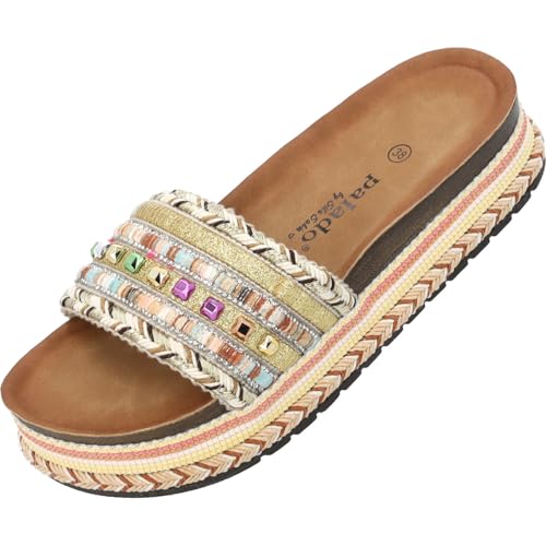 Palado Pantoletten Damen Vaphine by Sila Sahin - bequeme Sandalen mit Plateau-Sohle - elegante Hausschuhe - modische Sommerschuhe Gold UK7 - EU40 von Palado
