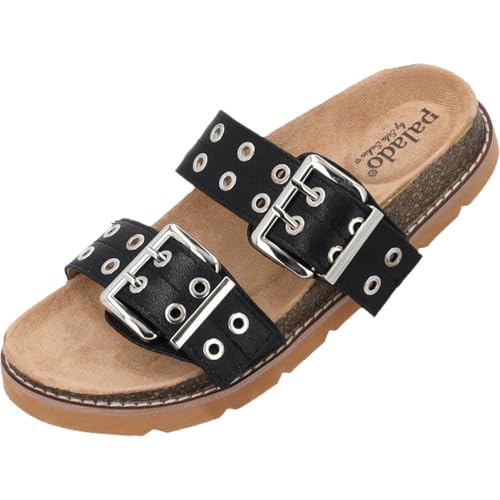 Palado Pantoletten Damen Xinglin by Sila Sahin - modische Sandalen mit verstellbaren Riemen - elegante Hausschauhe - bequeme Sommerschuhe Schwarz UK8 - EU41 von Palado